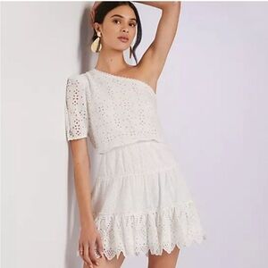 HEMANT & NANDITA Cream/White Eyelet One-Shoulder Tiered Mini Skirt Dress Size 8
